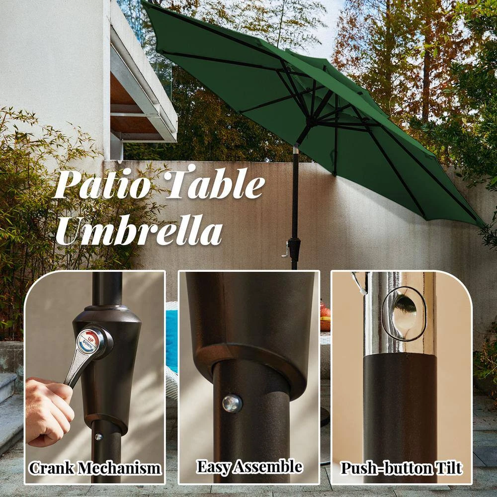 9FT Two Layer Wind Vent Patio Market Umbrella With Push Button And Tilt Crank Lifting In Green 9 9FT Two Layer Wind Vent Patio Market Umbrella With Push Button And Tilt Crank Lifting In Green - Image 9