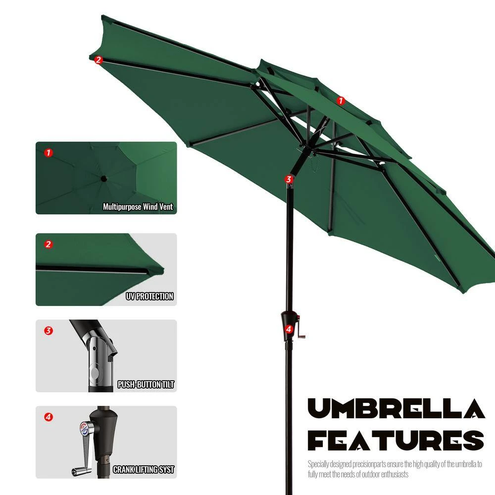 9FT Two Layer Wind Vent Patio Market Umbrella With Push Button And Tilt Crank Lifting In Green 2 9FT Two Layer Wind Vent Patio Market Umbrella With Push Button And Tilt Crank Lifting In Green - Image 2