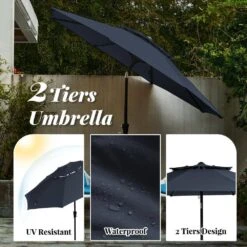 9FT Two Layer Wind Vent Patio Market Umbrella With Push Button And Tilt Crank Lifting In Navy -More Furniture Store market umbrellas 2ly 9ft ny a0 1000