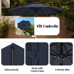 9FT Two Layer Wind Vent Patio Market Umbrella With Push Button And Tilt Crank Lifting In Navy -More Furniture Store market umbrellas 2ly 9ft ny d4 1000
