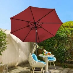 9FT Two Layer Wind Vent Patio Market Umbrella With Push Button And Tilt Crank Lifting In Red -More Furniture Store market umbrellas 2ly 9ft red 40 1000