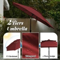 9FT Two Layer Wind Vent Patio Market Umbrella With Push Button And Tilt Crank Lifting In Red -More Furniture Store market umbrellas 2ly 9ft red a0 1000
