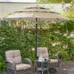 3-Tier 9 Ft. Steel Crank Lift Market Patio Umbrella In Beige -More Furniture Store market umbrellas 3c 9zzs be d4 1000