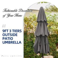 3-Tier 9 Ft. Steel Crank Lift Market Patio Umbrella In Gray -More Furniture Store market umbrellas 3c 9zzs gy 1d 1000