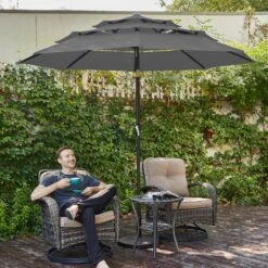 3-Tier 9 Ft. Steel Crank Lift Market Patio Umbrella In Gray -More Furniture Store market umbrellas 3c 9zzs gy c3 1000