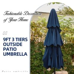 3-Tier 9 Ft. Steel Crank Lift Market Patio Umbrella In Navy -More Furniture Store market umbrellas 3c 9zzs ny 1d 1000