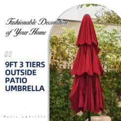 3-Tier 9 Ft. Steel Crank Lift Market Patio Umbrella In Red -More Furniture Store market umbrellas 3c 9zzs rd 1d 1000