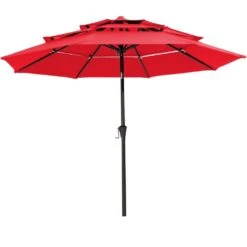 3-Tier 9 Ft. Steel Crank Lift Market Patio Umbrella In Red
