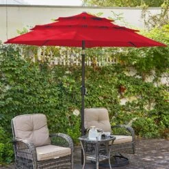 3-Tier 9 Ft. Steel Crank Lift Market Patio Umbrella In Red -More Furniture Store market umbrellas 3c 9zzs rd d4 1000