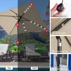 6.5 Ft. X 10 Ft. Steel Lighted Market Tilt Solar Umbrella With Crank In Beige -More Furniture Store market umbrellas 6 5 10dz zzs be d4 1000