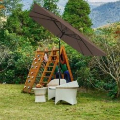 8.5 Ft. X 8.5 Ft. Steel Anti-UV Polyester Fabric Market Tilt Patio Umbrella In Brown -More Furniture Store market umbrellas 8 5fxs brown 31 1000