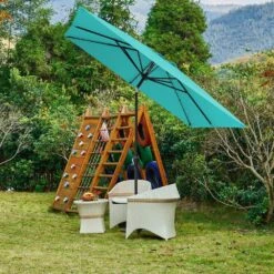 8.5 Ft. X 8.5 Ft. Steel Anti-UV Polyester Fabric Market Tilt Patio Umbrella In Peacock Blue -More Furniture Store market umbrellas 8 5fxs pblue 31 1000