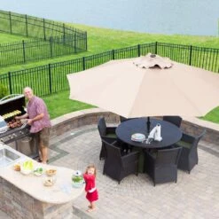 9FT Beige Steel Pole Market Umbrella Crank And Tilt Outdoor Patio Umbrella -More Furniture Store market umbrellas 9ft beige 31 1000