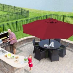 9 Ft. Steel Pole Market Umbrella Crank And Tilt Outdoor Patio Umbrella In Red -More Furniture Store market umbrellas 9ft red 31 1000