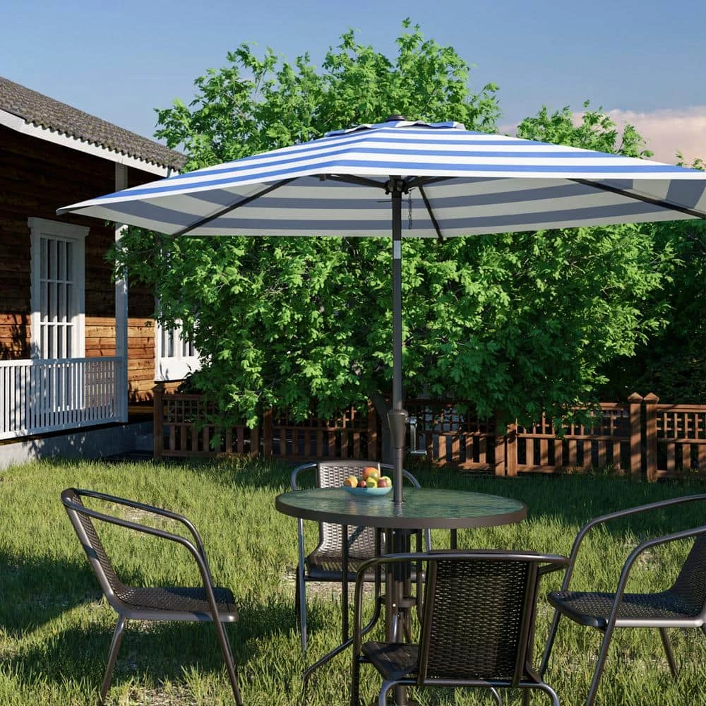 7.5ft Steel Outdoor Patio Market Umbrella With Tilt Crank In Blue And White Stripes 1 7.5ft Steel Outdoor Patio Market Umbrella With Tilt Crank In Blue And White Stripes