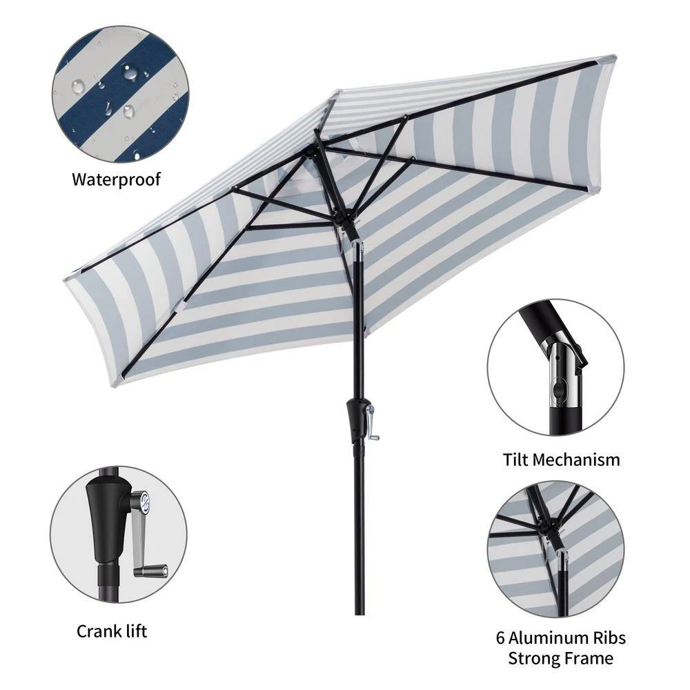 7.5ft Steel Outdoor Patio Market Umbrella With Tilt Crank In Blue And White Stripes 8 7.5ft Steel Outdoor Patio Market Umbrella With Tilt Crank In Blue And White Stripes - Image 8