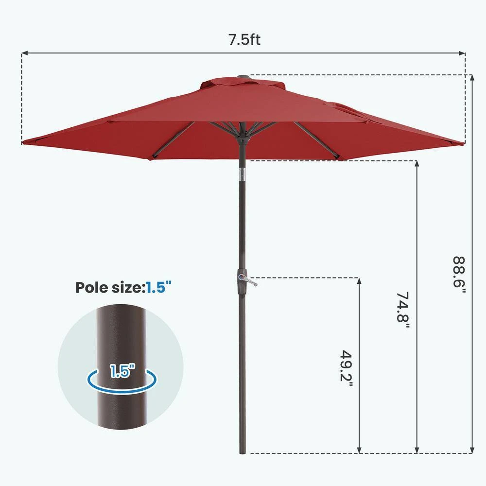 7.5ft Steel Outdoor Patio Market Umbrella With Tilt Crank In Red 7 7.5ft Steel Outdoor Patio Market Umbrella With Tilt Crank In Red - Image 7