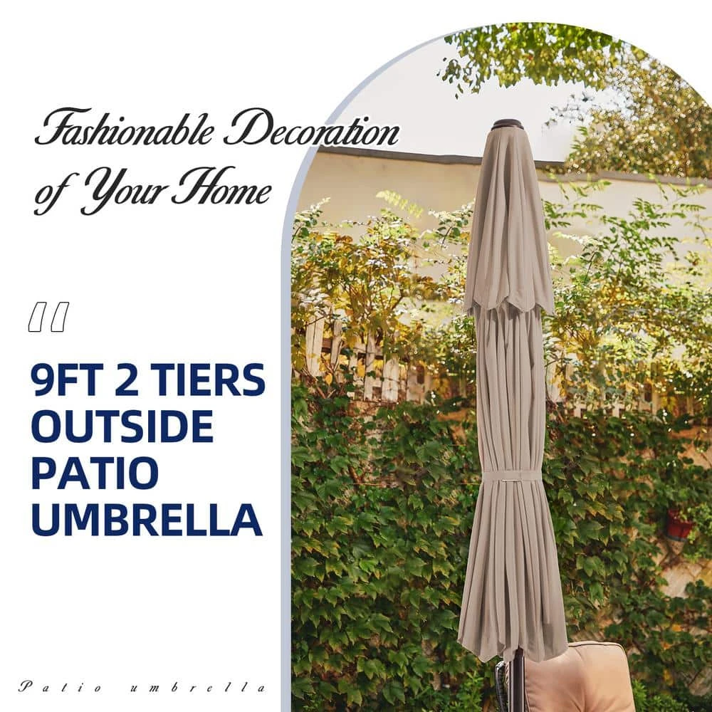 10 Ft. 8 Sturdy Ribs Outdoor Market Patio Umbrellas With Crank Lift In Beige (2-Tiers) 2 10 Ft. 8 Sturdy Ribs Outdoor Market Patio Umbrellas With Crank Lift In Beige (2-Tiers) - Image 2