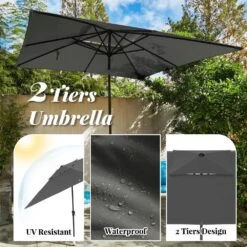 8.5 Ft. X 8.5 Ft. Square Market Patio Umbrella Outdoor Umbrellas With Push Button Tilt And Crank Lift In Gray (2-Tiers) -More Furniture Store market umbrellas fxzz8 5 gray a0 1000