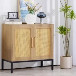 Rattan Buffet 2-Door Storage Natural Sideboard Cabinet With Adjustable Legs -More Furniture Store natural jearey sideboards buffet tables smg 2 natural 31 1000