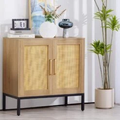 Rattan Buffet 2-Door Storage Natural Sideboard Cabinet With Adjustable Legs