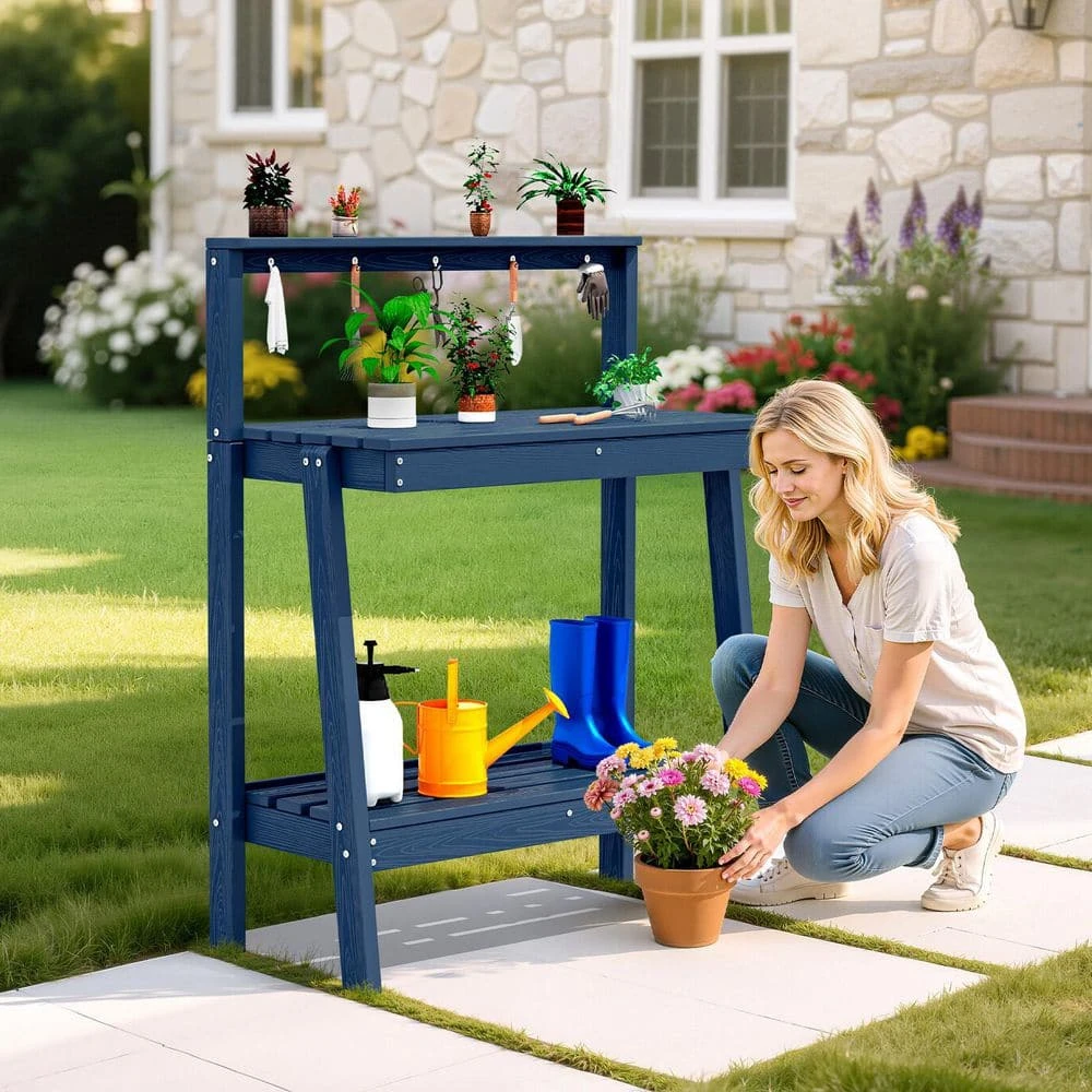 45.5 In. H X 34.8 In. W X 17.7 In. D Navy Blue HDPE Potting Bench Table, Multi-Purpose Plant And Storage Shelf 9 45.5 In. H X 34.8 In. W X 17.7 In. D Navy Blue HDPE Potting Bench Table, Multi-Purpose Plant And Storage Shelf - Image 9