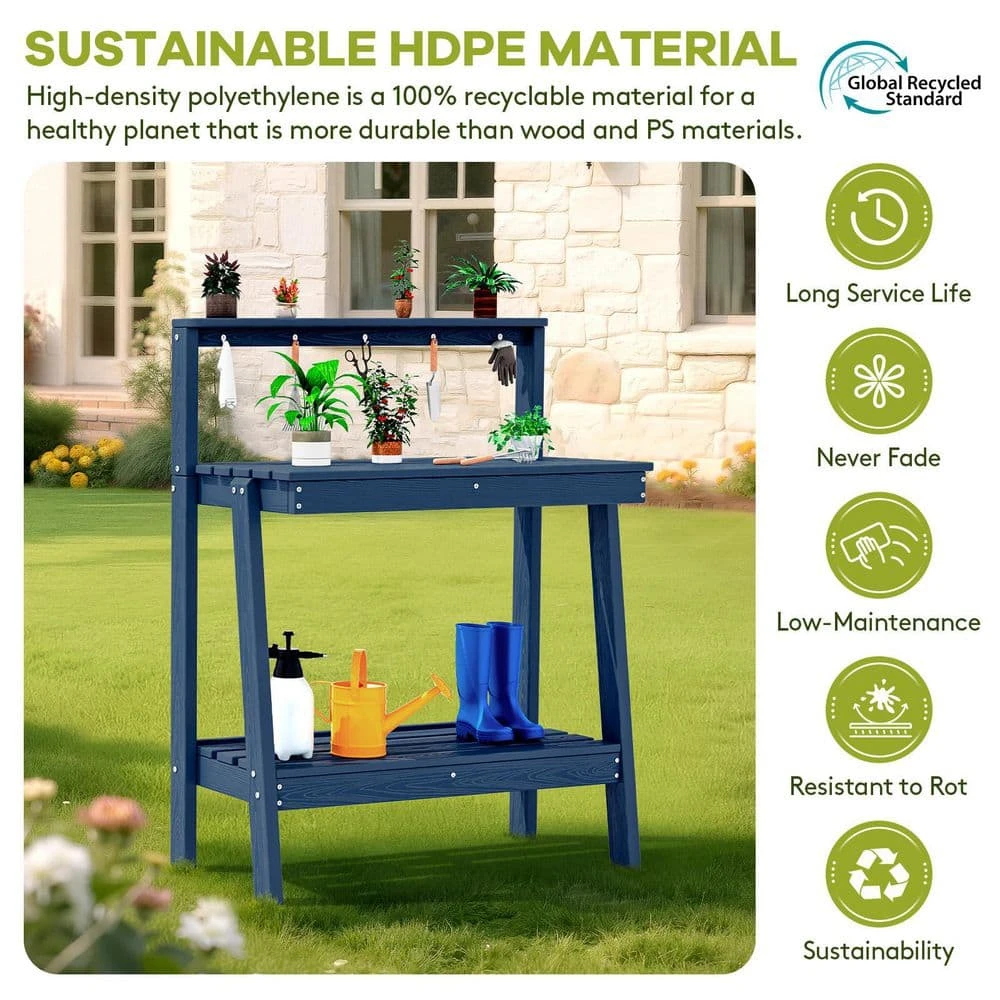 45.5 In. H X 34.8 In. W X 17.7 In. D Navy Blue HDPE Potting Bench Table, Multi-Purpose Plant And Storage Shelf 6 45.5 In. H X 34.8 In. W X 17.7 In. D Navy Blue HDPE Potting Bench Table, Multi-Purpose Plant And Storage Shelf - Image 6