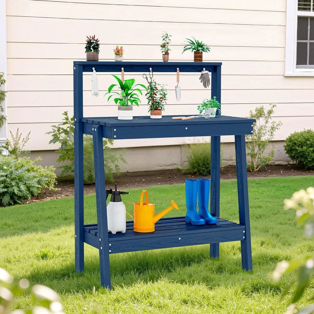 45.5 In. H X 34.8 In. W X 17.7 In. D Navy Blue HDPE Potting Bench Table, Multi-Purpose Plant And Storage Shelf 2 45.5 In. H X 34.8 In. W X 17.7 In. D Navy Blue HDPE Potting Bench Table, Multi-Purpose Plant And Storage Shelf - Image 2
