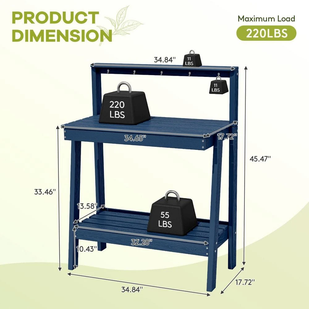 45.5 In. H X 34.8 In. W X 17.7 In. D Navy Blue HDPE Potting Bench Table, Multi-Purpose Plant And Storage Shelf 7 45.5 In. H X 34.8 In. W X 17.7 In. D Navy Blue HDPE Potting Bench Table, Multi-Purpose Plant And Storage Shelf - Image 7