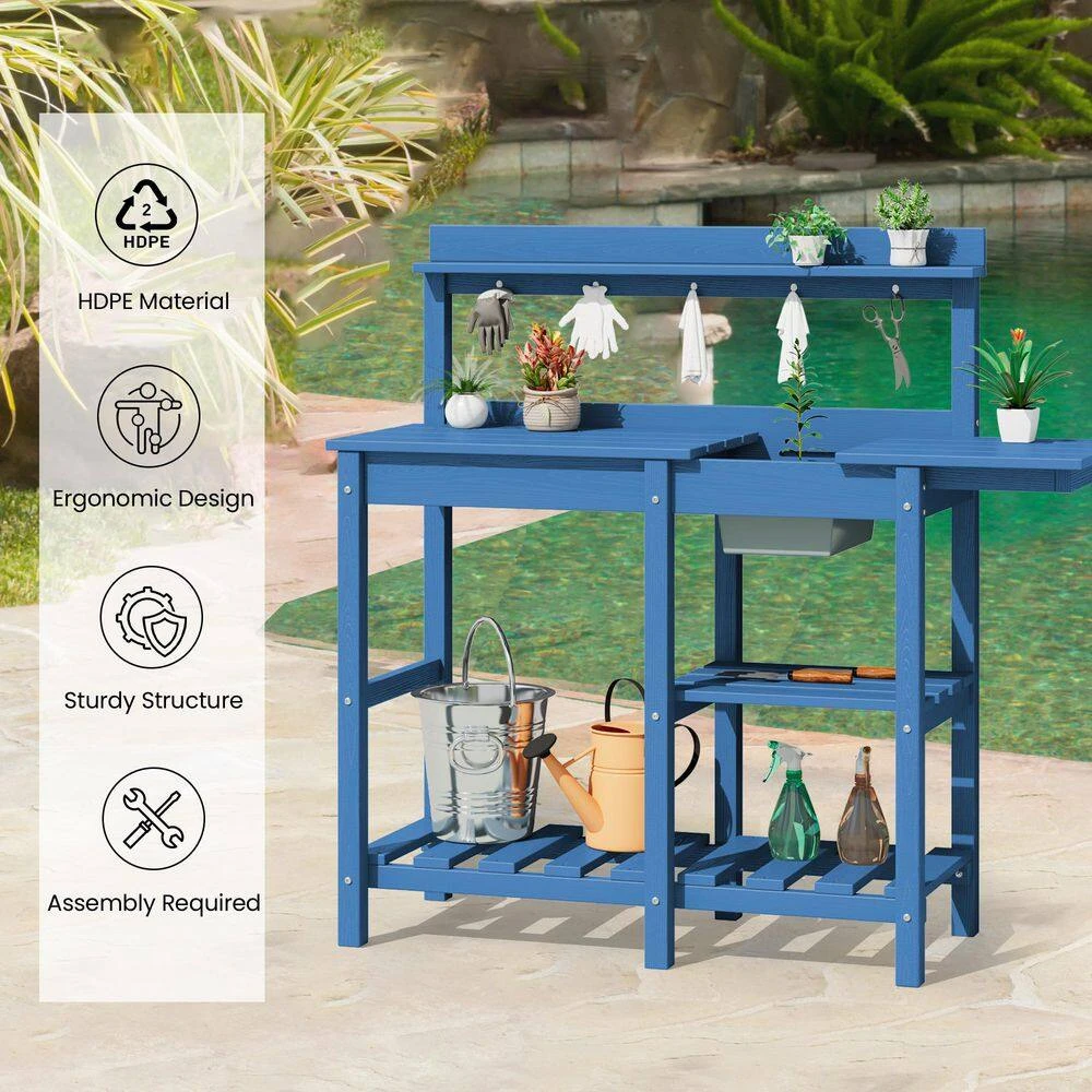 40.94 In. W X 47.24 In. H Navy Blue HDPE Weather-Resistant Garden Potting Bench Table With Storage Shelf 6 40.94 In. W X 47.24 In. H Navy Blue HDPE Weather-Resistant Garden Potting Bench Table With Storage Shelf - Image 6