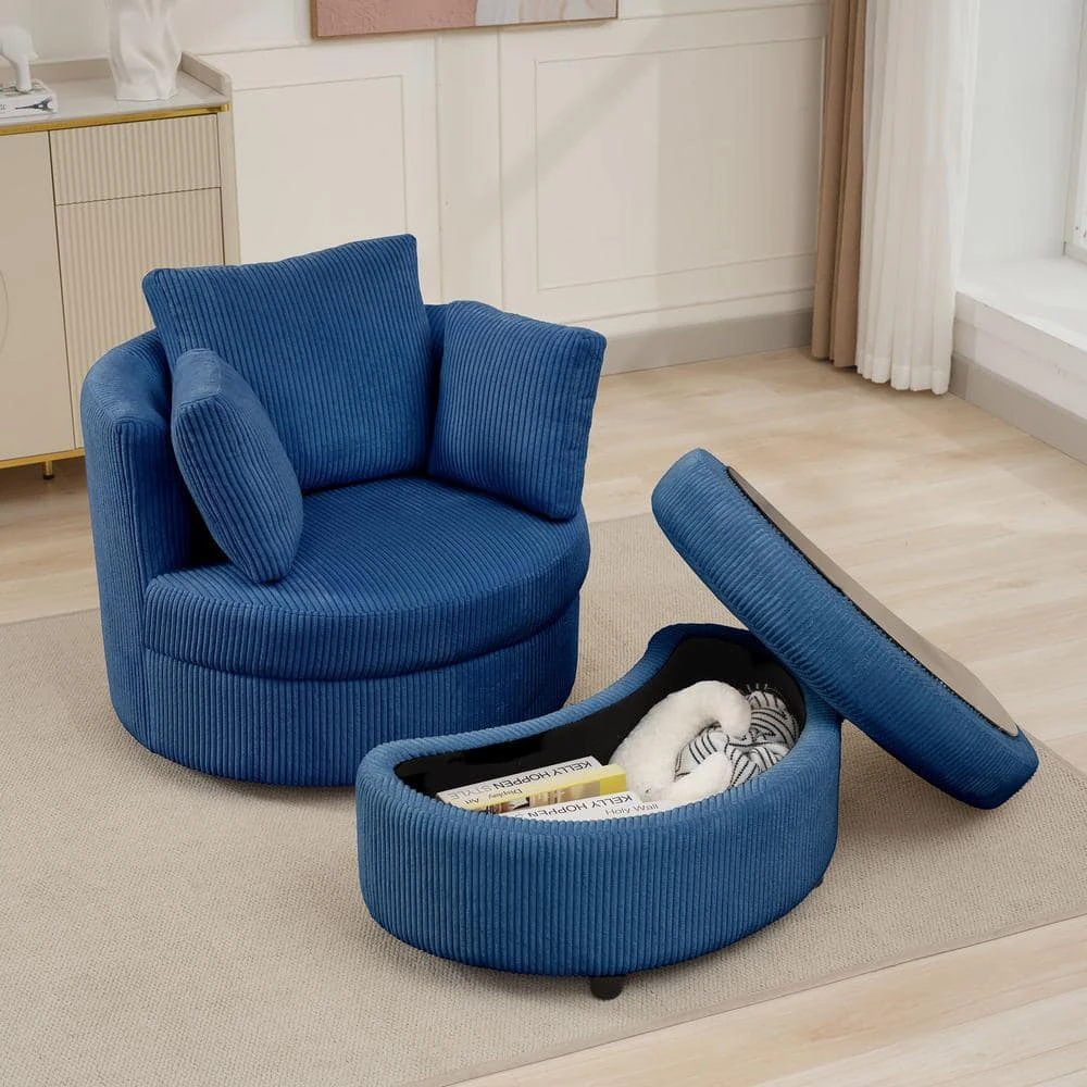 Modern Navy Corduroy Accent Armchair With Pillows And Storage Ottoman 4 Modern Navy Corduroy Accent Armchair With Pillows And Storage Ottoman - Image 4