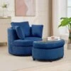 Modern Navy Corduroy Accent Armchair With Pillows And Storage Ottoman