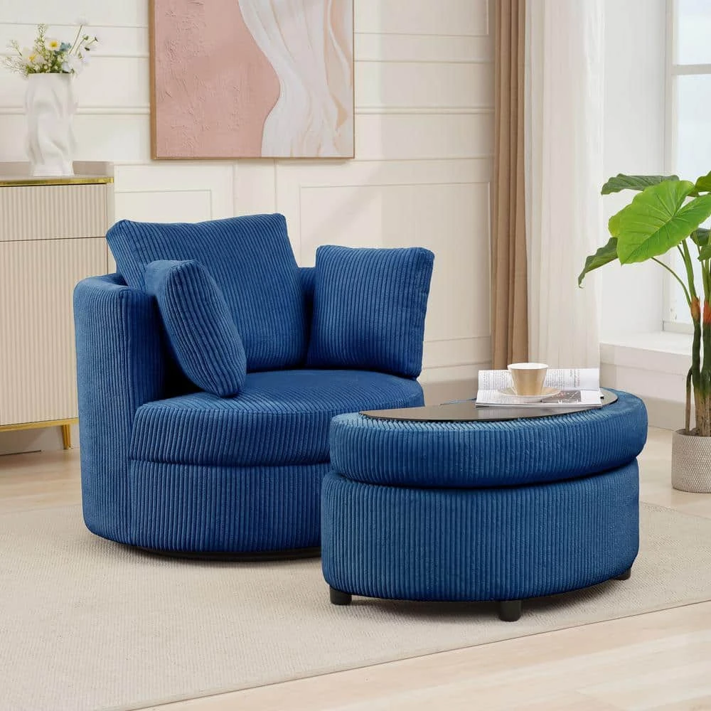 Modern Navy Corduroy Accent Armchair With Pillows And Storage Ottoman 1 Modern Navy Corduroy Accent Armchair With Pillows And Storage Ottoman