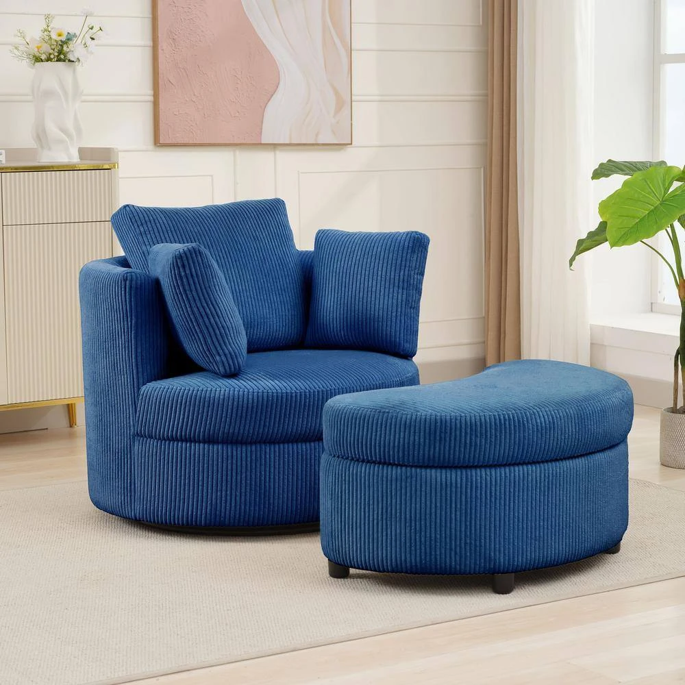 Modern Navy Corduroy Accent Armchair With Pillows And Storage Ottoman 3 Modern Navy Corduroy Accent Armchair With Pillows And Storage Ottoman - Image 3
