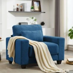 Modern Navy Corduroy Enlarged Seat Accent Armchair With Pillow For Living -More Furniture Store navy jearey accent chairs dxrjysfy navy 44 1000