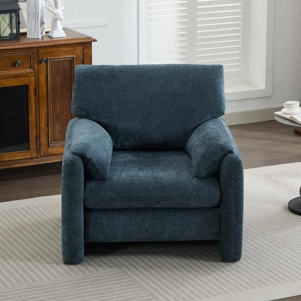 Modern Navy Chenille Oversized Wood Accent Outdoor And Indoor Lounge Chair With Armrest Cushion For Living Room 3 Modern Navy Chenille Oversized Wood Accent Outdoor And Indoor Lounge Chair With Armrest Cushion For Living Room - Image 3
