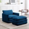 Modern Navy Corduroy Accent Armchair With Ottoman For Living