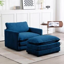 Modern Navy Corduroy Accent Armchair With Ottoman For Living