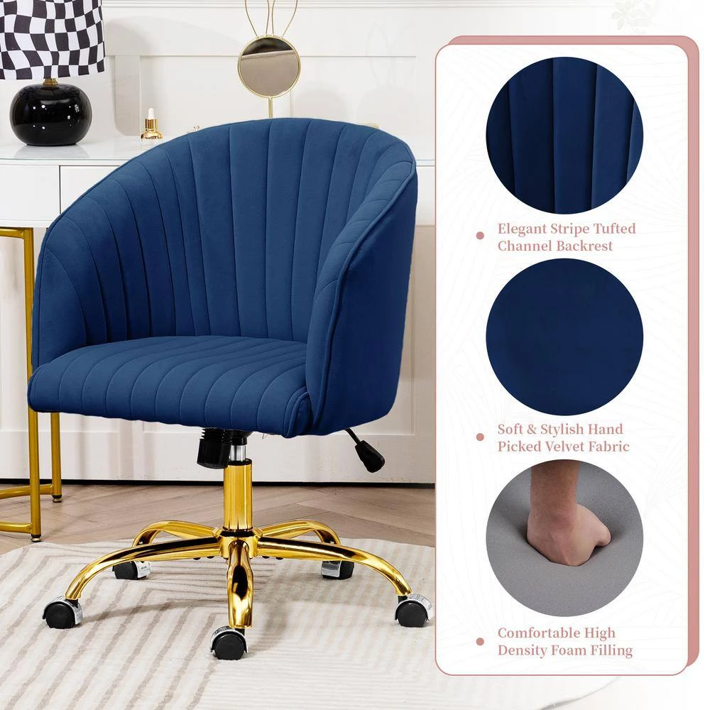Modern Navy Velvet Height Adjustable Office Desk Chair With Upholstered Back For Home Office Bedroom Study 6 Modern Navy Velvet Height Adjustable Office Desk Chair With Upholstered Back For Home Office Bedroom Study - Image 6