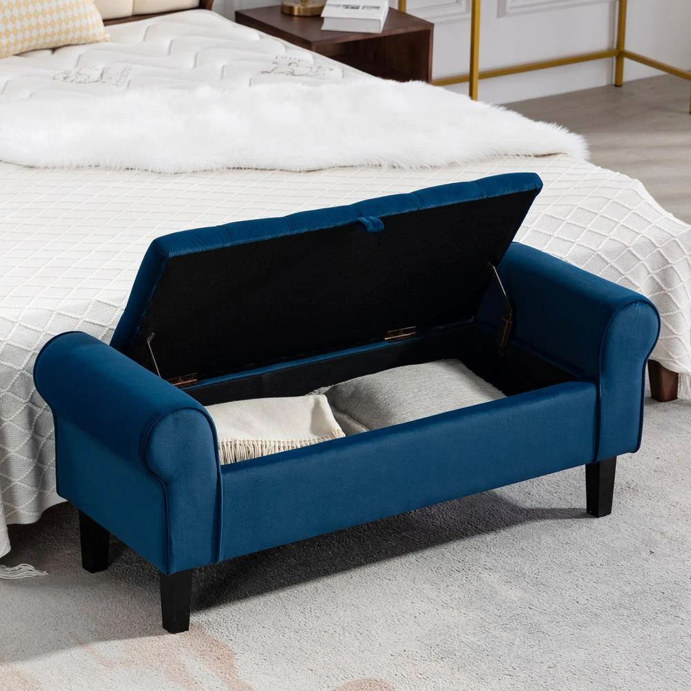 48.43 In. W X 17.72 In. D X 19.29 In. H Navy Tufted Brushed Velvet Armed Storage Bedroom Bench With Rubberwood Legs 9 48.43 In. W X 17.72 In. D X 19.29 In. H Navy Tufted Brushed Velvet Armed Storage Bedroom Bench With Rubberwood Legs - Image 9