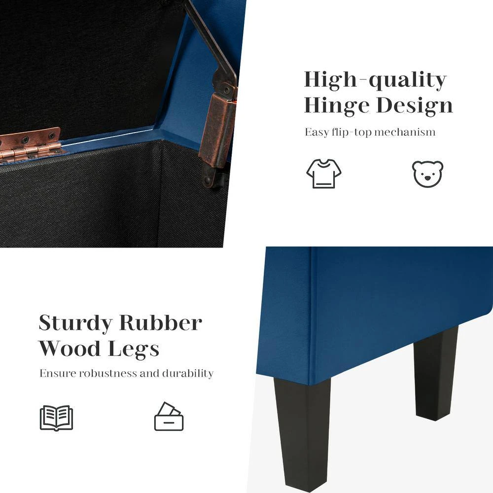 48.43 In. W X 17.72 In. D X 19.29 In. H Navy Tufted Brushed Velvet Armed Storage Bedroom Bench With Rubberwood Legs 5 48.43 In. W X 17.72 In. D X 19.29 In. H Navy Tufted Brushed Velvet Armed Storage Bedroom Bench With Rubberwood Legs - Image 5