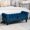 48.43 In. W X 17.72 In. D X 19.29 In. H Navy Tufted Brushed Velvet Armed Storage Bedroom Bench With Rubberwood Legs