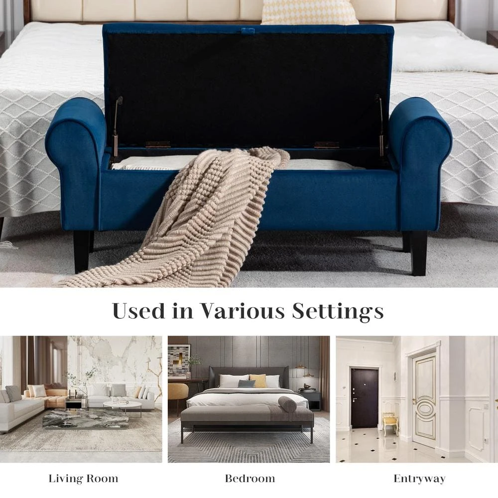 48.43 In. W X 17.72 In. D X 19.29 In. H Navy Tufted Brushed Velvet Armed Storage Bedroom Bench With Rubberwood Legs 4 48.43 In. W X 17.72 In. D X 19.29 In. H Navy Tufted Brushed Velvet Armed Storage Bedroom Bench With Rubberwood Legs - Image 4
