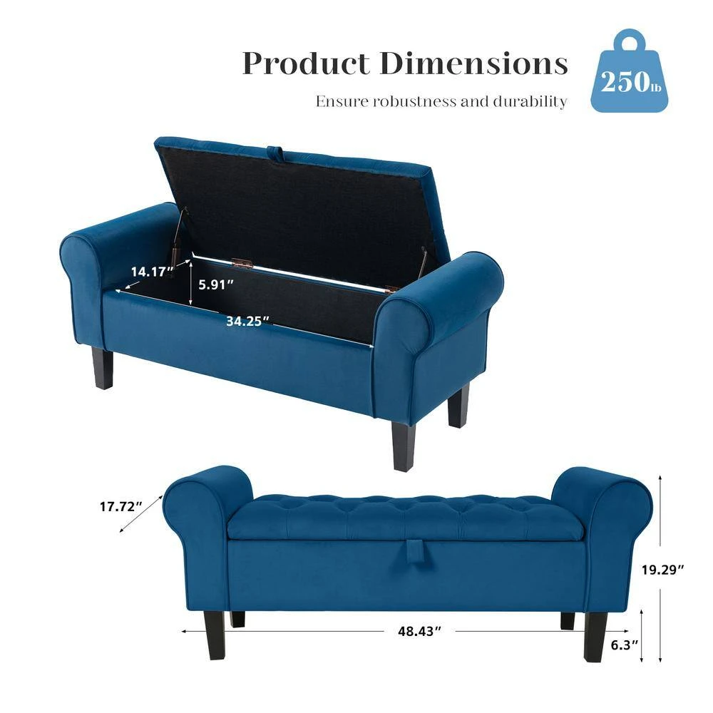 48.43 In. W X 17.72 In. D X 19.29 In. H Navy Tufted Brushed Velvet Armed Storage Bedroom Bench With Rubberwood Legs 2 48.43 In. W X 17.72 In. D X 19.29 In. H Navy Tufted Brushed Velvet Armed Storage Bedroom Bench With Rubberwood Legs - Image 2