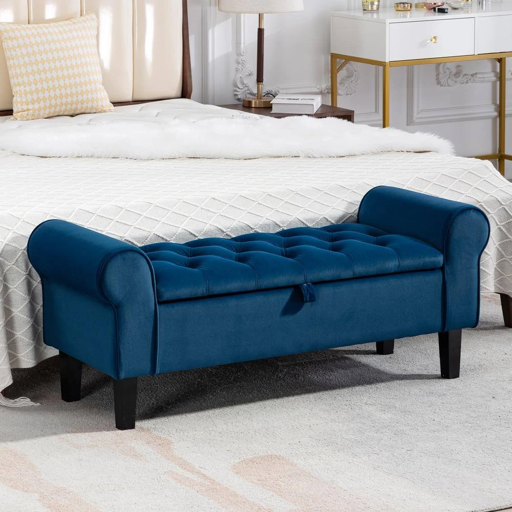 48.43 In. W X 17.72 In. D X 19.29 In. H Navy Tufted Brushed Velvet Armed Storage Bedroom Bench With Rubberwood Legs 8 48.43 In. W X 17.72 In. D X 19.29 In. H Navy Tufted Brushed Velvet Armed Storage Bedroom Bench With Rubberwood Legs - Image 8
