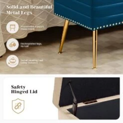 Velvet Navy Storage Ottoman Entryway Bench With Gold Base And Diamond Tufted Design For Living Room -More Furniture Store navy jearey bedroom benches ykcw navy 1f 1000