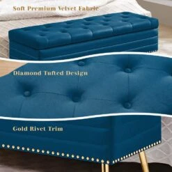 Velvet Navy Storage Ottoman Entryway Bench With Gold Base And Diamond Tufted Design For Living Room -More Furniture Store navy jearey bedroom benches ykcw navy 4f 1000