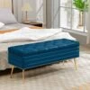 Velvet Navy Storage Ottoman Entryway Bench With Gold Base And Diamond Tufted Design For Living Room