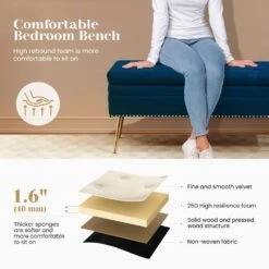 Velvet Navy Storage Ottoman Entryway Bench With Gold Base And Diamond Tufted Design For Living Room -More Furniture Store navy jearey bedroom benches ykcw navy c3 1000