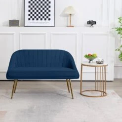 Modern 48 In. Golden Base Velvet Tufted 2-Seats Navy Loveseat Sofa For Living Room Furniture Sets -More Furniture Store navy jearey loveseats e15sry hd ny 31 1000